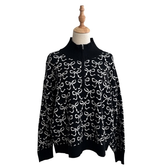 Anthropologie Maeve Montana Mock Neck Half Zip Sweater Black White Size XS - Picture 2 of 13